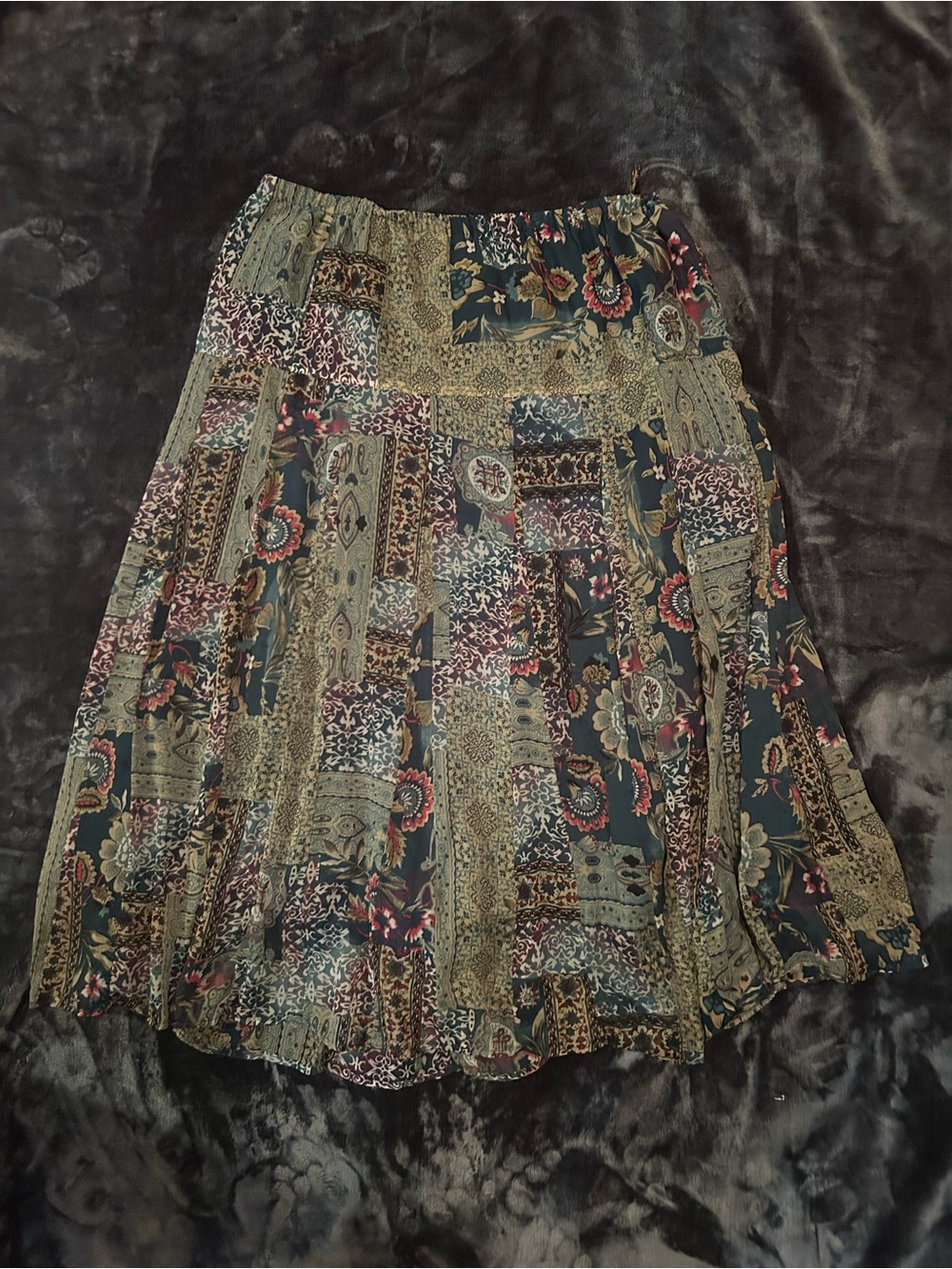 Bohemian Patchwork Floral Midi Skirt in Olive and Teal